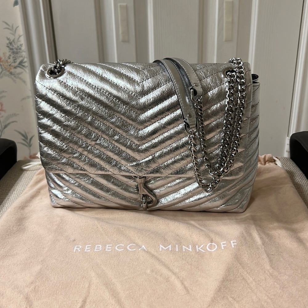 Rebecca Minkoff Metallic Silver Leather Edie Flap Shoulder Bag